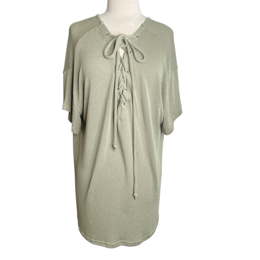 Vici Sage Lace-Up Short-Sleeve Sweater Top